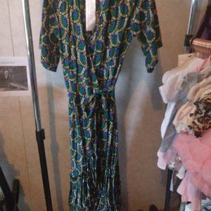 Exquisite, New Green, Gold & Royal Blue Wrap dress from Silk & Salt in Medium